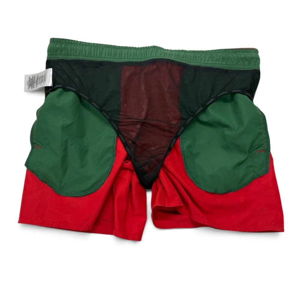 Lacoste Mens Red Quick Dry Swim Trunks Green Trim Medium Lined NWT Shorts